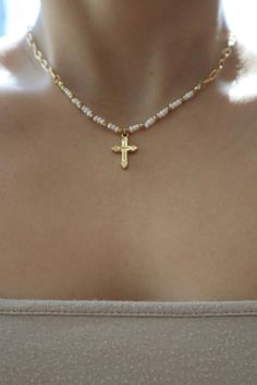 18K gold stainless steel cross necklace Cross Necklace Simple, Opal Necklace Silver, Pearl Cross Necklace, Layered Necklace Set, Heart Shaped Necklace, Gold Cross Necklace, Purple Pearl, Dangle Necklaces, Gem Necklace