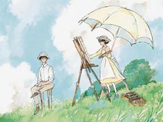 two people are painting on an easel in the grass