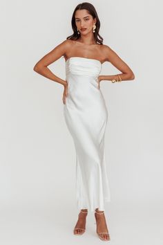 Sweetheart Neckline Ruched Midi Dress For Wedding, Wedding Midi Dress With Sweetheart Neckline And Ruched Detail, Prom Dress With Ruched Back, Midi Length, Elegant Strapless Dress With Ruched Back, Midi Length Prom Dress With Ruched Back, Midi Prom Dress With Ruched Back, Fitted Backless Midi Dress For Prom Season, Prom Midi Dress With Ruched Back, Fitted Midi Length Gown For Prom Season