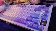 a computer keyboard sitting on top of a table