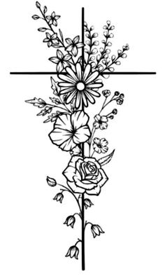 a cross with flowers on it, and the cross is black and white in color