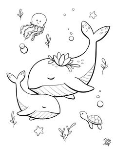 a cartoon whale swimming in the ocean with an octopus and jellyfish on it's back