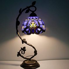 Fun Bedside Lamps, Tiffany Desk Lamp, Stained Glass Lamps Vintage, Bedroom Desk Lights, Purple Tiffany Lamp, Glass Stained Lamp, Stained Glass Desk Lamp, Desk Ideas Purple, Purple Whimsigothic Bedroom