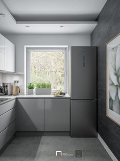 a kitchen with grey cabinets and white counter tops, along with a window over the sink