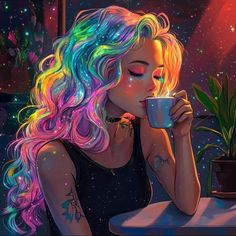 a woman with colorful hair drinking from a cup