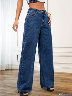 Orcajump - Blue Loose Fit Straight Jeans, Slant Pockets Non-Stretch Casual Wide Legs Jeans, Women's Denim Jeans & Clothing Wide Legs Jeans, Women's Denim Jeans, Style Preppy, Women Denim Jeans, Wide Legs, Jean Outfits, Straight Jeans, Wide Leg Pants, Denim Jeans