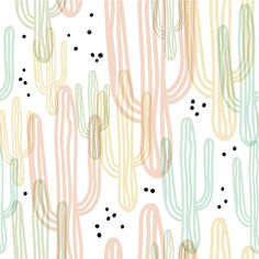 an abstract cactus pattern with dots and lines in pastel colors on a white background