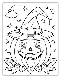 a coloring page with a pumpkin wearing a witch's hat and stars on it