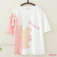 Qteee - Chic Colorblock T-Shirt and Shorts Set featuring Cartoon Rabbit Print and Bow Knot Cute Crew Neck Tops With Patchwork, Pink Casual Tops With Contrast Color, Cotton Splicing T-shirt For Summer, Cute White Patchwork Top, Cute Short Sleeve Patchwork Tops, White T-shirt With Contrast Color For Spring, Pink Short Sleeve Tops With Contrast Color, Pink Short Sleeve Top With Contrast Color, White Summer T-shirt With Contrast Color