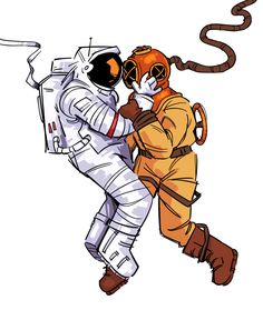 two astronauts in space suits hugging each other