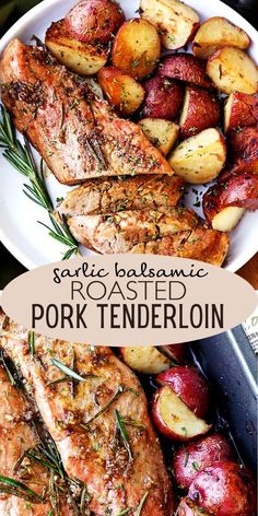 roasted pork with potatoes and rosemary garnish on the side