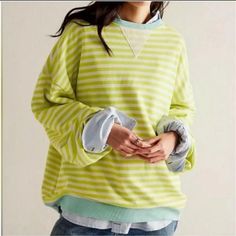 Free People- Classic Striped Oversized Crew Lime Striped Sz Small. Nwot. (Rare. Color) So Cool And Classic, This Timeless Crewneck Is Featured In An Oversized, Slouchy Silhouette And Staple Striped Print With Contrasting Hems For Added Dimension. Fit: Relaxed, Oversized Fit Features: Crew Neckline, Dropped Shoulders, Contrast Hems Why We <3 It: Lovely For Layering Or Styling Solo, This So Tried And True Piece Is The Perfect Effortless Essential Your Wardrobe Has Been Wanting. Fit Note: This Styl Oversized Crewneck, Oversized Pullover, Tried And True, Free People Sweater, So Cool, Model Photos, Boho Outfits, Colorful Sweaters, Free People Tops