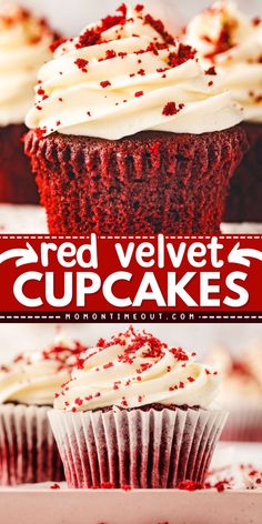 red velvet cupcakes with white frosting and sprinkles