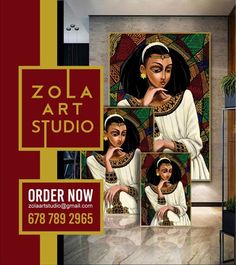 an advertisement for the zola art studio, featuring two women in traditional african dress