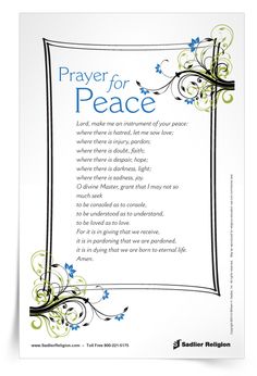 a prayer card with the words, prayer for peace