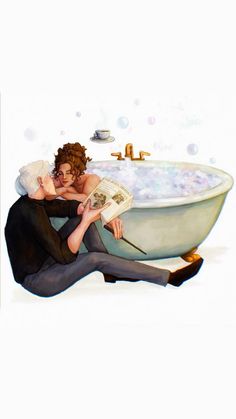 two people sitting in front of a bath tub with bubbles coming out of the tub