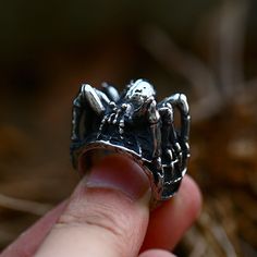 Stainless Steel Gothic Spider Ring Men's Punk Biker Unique Amulet Jewelry Biker Jewelry For Halloween Gift, Biker Style Jewelry For Halloween Gift, Biker Style Halloween Jewelry Gift, Black Metal Biker Jewelry, Biker Style Black Metal Jewelry, Gothic Jewelry For Biker Events And Halloween, Silver Stainless Steel Biker Jewelry, Black Punk Style Skull Ring Collectible, Black Punk Skull Ring Collectible