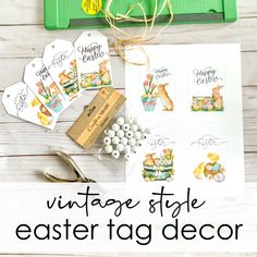 vintage style easter tags and crafting supplies on a wooden table with text overlay