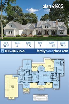 the floor plan for this home is shown in blue and white, with two story houses on