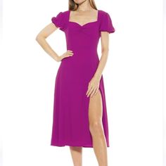 Alexia Admor Gracie Dress In Magenta Sweetheart Neck Midi Dress With Front Sleet Size 12 Fyi The Item Is From A Smoking Home But Stored In Separate Room Cocktail Dresses With Ruched Bodice And Puff Sleeves, Purple Midi Dress With Fitted Bodice For Cocktail, Purple Ruched Bodice Dress For Summer, Purple Ruched Bodice Summer Dress, Purple Ruched Dress With Fitted Bodice, Purple Cocktail Midi Dress With Fitted Bodice, Summer Purple Dress With Ruched Bodice, Chic Purple Dress With Ruched Bodice, Flirty Midi Length Dress With Ruched Bodice