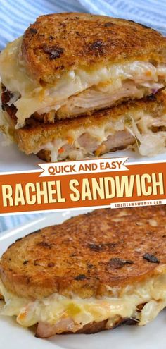 two grilled sandwiches on white plates with the words quick and easy rachel sandwhich