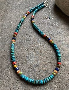 Sterling Silver Turquoise Multi Stone Bead Necklace. 18 inch Turquoise Single Strand Beaded Necklace In Bohemian Style, Turquoise Single Strand Beaded Bohemian Necklace, Spiritual Turquoise Beaded Necklace With Spacer Beads, Turquoise Beaded Necklace With Gemstone Beads, Turquoise Round Necklace With Colorful Beads, Multicolor Turquoise Necklace With Polished Round Beads, Turquoise Gemstone Beaded Necklace, Multicolor Turquoise Necklace With Round Beads, Southwestern Turquoise Beaded Necklaces With Round Beads