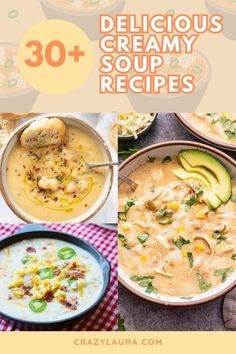 various soups and stews with the title overlay saying, 30 delicious creamy soup recipes