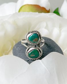 Old little ring with two dark green color turquoise stones. Stone size: about  1/4 of inch each Ring face: 1/2 x 3/4 of inch Ring size: 5  Weight: 4 grams No mark due to old age, but tested as sterling silver. Please see picture for details. Thank you for looking. Southwestern Style Green Turquoise Ring As Gift, Adjustable Green Turquoise Chrysocolla Ring, Adjustable Green Turquoise Southwestern Ring, Adjustable Turquoise Chrysocolla Ring, Bohemian Green Turquoise Ring For Anniversary, Green Turquoise Bohemian Ring For Anniversary, Bohemian Green Turquoise Anniversary Ring, Nickel Free Green Bohemian Rings, Nickel-free Green Bohemian Rings