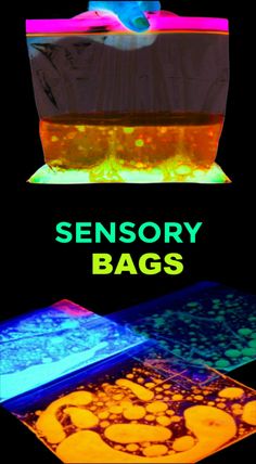 two bags with different colors on them and the words, sensory bags are in front of