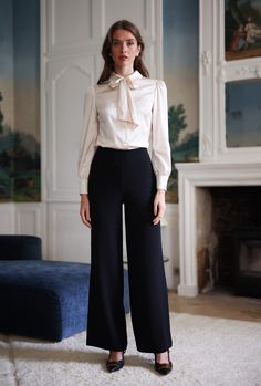 These pants are crafted from premium upcycled acetate. They feature a high waist and a built-in belt for convenience, ensuring a tailored fit. The straight-leg design allows for ease of movement, while a side zipper provides easy access. The model measures 173 cm and is wearing a size 36. Beige Fashion, Formal Wear Women, Blouse Sale, Slow Fashion Brands, Made Clothing, Long Blouse, Silk Top, Silk Blouse, Straight Leg Pants