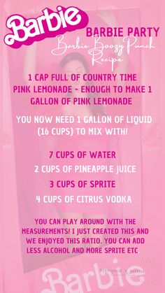 recipe for barbie drink. recipe for boozy pink drink. Pink lemonade cocktail. Barbie Birthday Party Drinks, Alcholic Drink Aesthetic Pink, Barbie Movie Viewing Party, Barbie Party Activities For Adults, Barbie Punch Alcohol, Mocktails Girly, Malibu Barbie Cocktail, Pink Food Items For Color Party, Barbie Themed Alcoholic Drinks