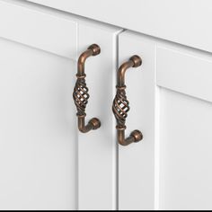 an image of two handles on the door knobs that are in front of white cabinets