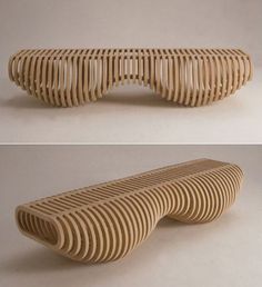 two images of a bench made out of wood strips and plywood planks, one showing the curved section