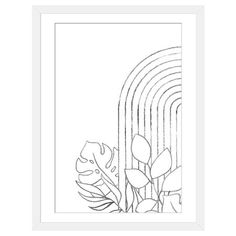 a black and white drawing of plants in front of a wall with lines on it