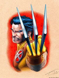 a drawing of wolverine with two claws on his face and one hand up to the camera