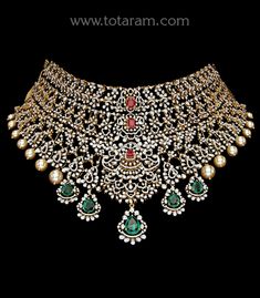 18 Karat Gold "Detachable / 11 in 1" Diamond Choker Necklace With Color Stones & Culture Pearls    This product has Inter Changeable Stones in the Necklace.   This Product has a Detachable Pendant which can be used as a separate Pendant with most Chains.   Enhance Your Beauty with 18 Karat Gold "11 in 1" Diamond Choker Necklace    Indulge in luxury with this exquisite 18 karat gold diamond choker necklace from Totaram Jewelers, crafted in India. This stunning piece features a total gross gold we Ceremonial Diamond Fine Jewelry, Ceremonial Fine Diamond Jewelry, Exquisite Diamond Jewelry For Ceremonial Occasions, Diamond Choker Necklace, Diamond Choker, Diamond Jewelry Necklace, Girl Jewelry, Sea Pearls, Gold Jewelry Indian