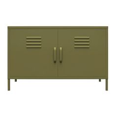 a green cabinet with two doors and three drawers