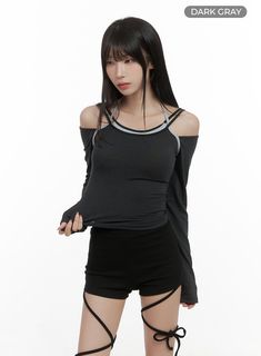 mixed-color-off-shoulder-strap-crop-tee-cs419 / Dark gray Casual Off-shoulder Stretch Tank Top, Casual Stretch Cold Shoulder Tops, Acubi Style, Festival Trends, Korean Street Fashion, Lace Mini Dress, Jeans For Sale, Y2k Fashion, Black Border