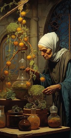 a painting of an old woman arranging oranges