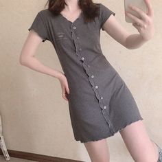 Size:S (Bust:78cm,  Dress Length:74cm,  Waist:cm, Shoulder:35cm,  Sleeve Length:cm)Size:M (Bust:82cm,  Dress Length:77cm,  Waist:cm, Shoulder:37cm,  Sleeve Length:cm) Gray V-neck Mini Dress For Summer, Casual Summer V-neck Dress With Buttons, Fitted V-neck Dress With Buttons For Spring, Trendy Cotton Mini Dress With V-neck, Trendy V-neck Mini Dress With Buttons, Cotton V-neck Dress With Button Closure, Cotton V-neck Mini Dress With Button Closure, Spring Short Sleeve V-neck Dress With Buttons, Casual Gray Dresses With Buttons