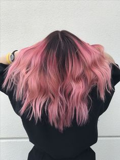 Pink tones Pink Hair With Roots Dark, Pink With Dark Roots, Dark Root Pink Hair, Shirt Pink Hair, Colored Hair With Dark Roots, Pink Hair With Roots, Pink Hair Black Roots, Shoulder Length Pink Hair, Pink Hair With Dark Roots