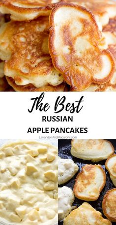 the best russian apple pancakes with cream cheese on top and an image of them in different pans