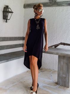 Black Asymmetric  Dress - Blouse - Tunic / Black Dress / Asymmetric Plus Size Dress / Short Front Long Back Dress / #35012This elegant and comfortable dress - tunic is a "turn around" creation. it  looks as stunning with a pair of heels as it does with flats. You can wear it as a blouse with pants, as a dress for a special occasion or it can be your everyday comfortable dress.  >>> SEE COLOR CHART HERE :https://www.etsy.com/listing/235259897/viscose-color-chart?ref=shop_home_active_4- H Chic High-low Hem Dress For Date Night, Chic Midi Dress With High-low Hem For Date Night, Sleeveless Asymmetrical Dress With Side Slits For Cocktail, Cocktail Asymmetrical Sleeveless Dress With Side Slits, Elegant Asymmetrical High-low Summer Dress, Chic Asymmetrical High-low Evening Dress, Elegant Summer Asymmetrical High-low Dress, Elegant Summer High-low Dress, Elegant High-low Hem Asymmetrical Summer Dress