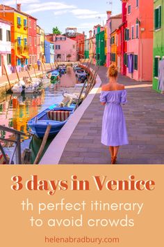 a woman in a purple dress walking down the street next to boats and buildings with text overlay that reads 8 days in venice