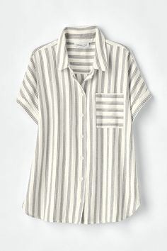 A crossover pleat below the back yoke gives this black-and-white striped shirt a unique twist. | Women's Riverside Striped Shirt - White Multi - PS - Petite Size Spring Tops With Vertical Stripes And Shirttail Hem, Chic Vertical Stripes Blouse For Day Out, Classic Striped Blouse With Shirttail Hem, Casual Black Blouse With Vertical Stripes, Black Casual Blouse With Vertical Stripes, Casual Tops With Vertical Stripes And Shirttail Hem, Summer Workwear Tops With Contrast Stripes, Chic Striped Blouse With Shirttail Hem, Striped Shirttail Hem Top For Work