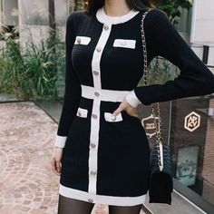 Mode Chanel, Knit Dresses, Black And White Style, Baddie Hairstyles, Stretchy Dress, Knit Outfit, Korean Outfits, Bandage Dress, Bodycon Mini Dress