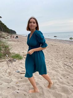 Linen Midi Dress Puff Sleeve Dress Empire Waist Dress High - Etsy Lithuania Dress Empire Waist, Beach Party Dress, Dress Puff Sleeve, Linen Midi Dress, High Waist Dress, Puff Sleeve Dress, Empire Waist Dress, Empire Dress, Street Style Summer