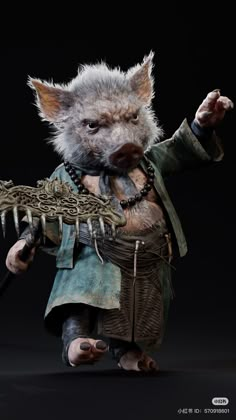 a stuffed animal is dressed in armor and holding a chain around its neck with one hand