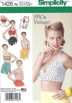 Misses' Bra Tops Sewing Pattern. This is a Simplicity Reissue pattern from the 1950's. The pattern is uncut and complete. Factory Folded. All patterns are mailed in quality archival storage sleeve. Vintage Halter Top Pattern, Halter Top Pattern, Bra Sewing Pattern, Diy Sy, Vintage Bra, Patron Vintage, Bra Sewing, Vintage Fashion 1950s, Design Moda