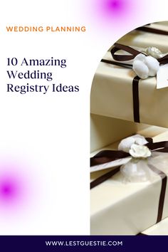 two wrapped presents with ribbons and flowers on them, the words wedding planning are written in white